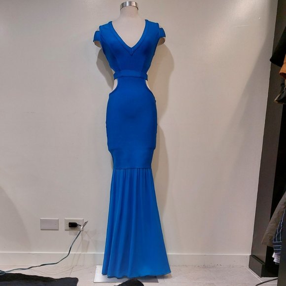 💥KILLER DRESS💥 Vintage Royal Blue Bandage Cut Out Mermaid Gown - Picture 2 of 15